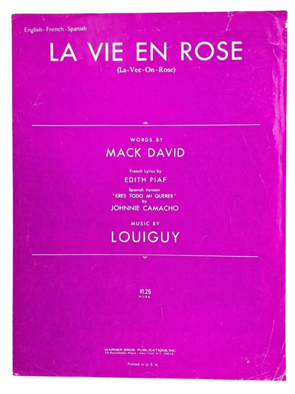 Vintage La Vie En Rose Sheet Music Edith Piaf Mack David 1950 French Spanish
